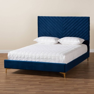 Elegant Chevron Tufted King Platform Bed in Lavish Blue Velvet