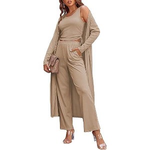 Ekouaer Women's 3 Piece Lounge Set Pajama Long Sleeve Cardigan Sleeveless Top Pants Sweatsuit - 1 of 4