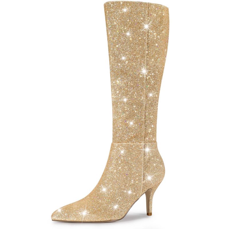Allegra K Women's Pointy Toe Sparkle Glitter Stiletto Heel Knee High Boots, 1 of 7