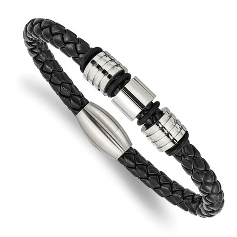 Black Bow Jewelry Stainless Steel Black Leather Polished & Grooved Bead Bracelet, 8.5 In - image 1 of 4