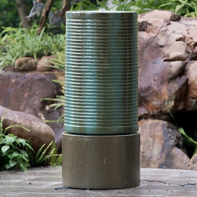VisioGear Bird Baths, 44" Tall Large Round Green Ribbed Tower Water Fountain, Outdoor Bird Bath Fountain, Antique Green, 19.5"*19.5"*43.5“