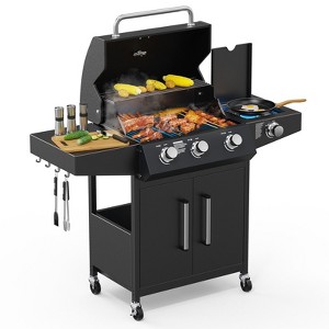 ROVSUN 3/4 Burner Propane Gas Grill with Side Burner, BBQ Grills with Enameled Cast Iron Grates & Cabinet for Outdoor Garden Patio Backyard Barbecue - 1 of 4