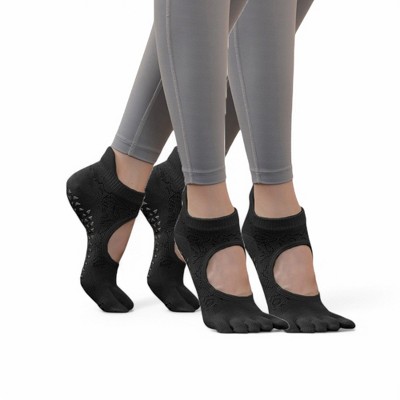 Alilang Women's 2-Pack Non-Slip Five-Toe Yoga Socks with Open Top Design for Stability and Comfort - One Size Fits Most,