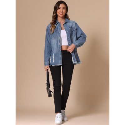 INSPIRE CHIC Women's Denim Oversized Frayed Hem Pockets Long Sleeve Button Down Jacket Large Blue — фото 3