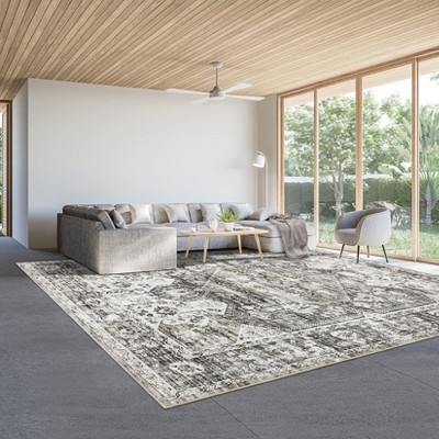 Boho Vintage Floral Faux Wool Area Rug Elegant Distressed Floor Mat for Living Room Bedroom Kitchen Living Room Dining Area Laundry Room and Entrance