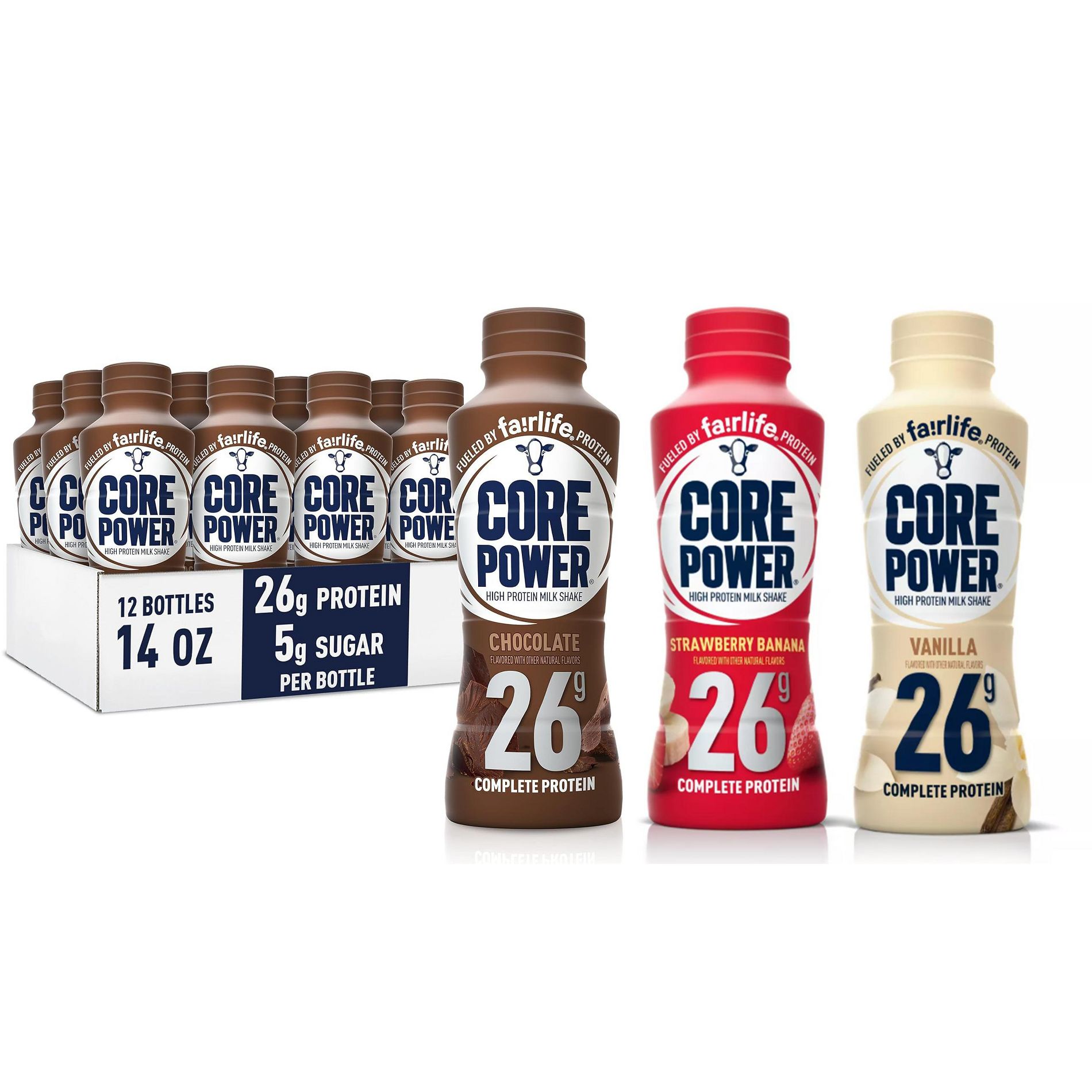 Core Power Protein Shake, Variety 12 Pack (4 Vanilla, 4 Chocolate, 4 Strawberry Banana) 26g Bottle, 14oz