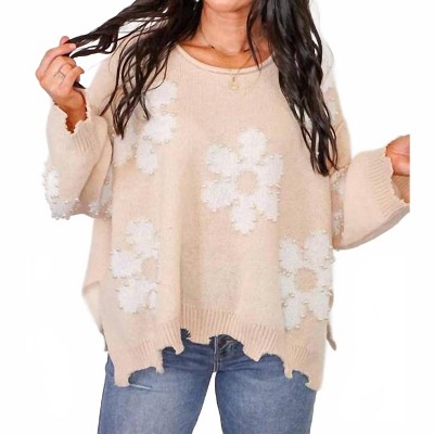 Women's Pearl Embellished Daisy Natural Sweater - Peach Love