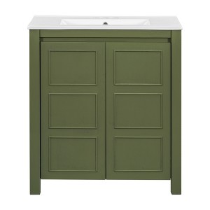 Gulches 30 Inch Farmhouse Bathroom Vanity Olive Green Ceramic Sink Soft Close Door Adjustable Shelf Solid Wood Frame MDF - 1 of 4