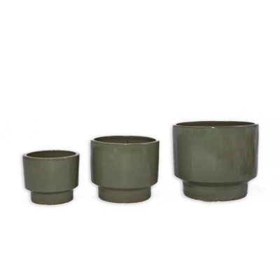 VisioGear 3PCS Ceramic Flowerpot, Modern Planter for Patio, Garden, Windowsill, Antique Green, 15"*15"*13"