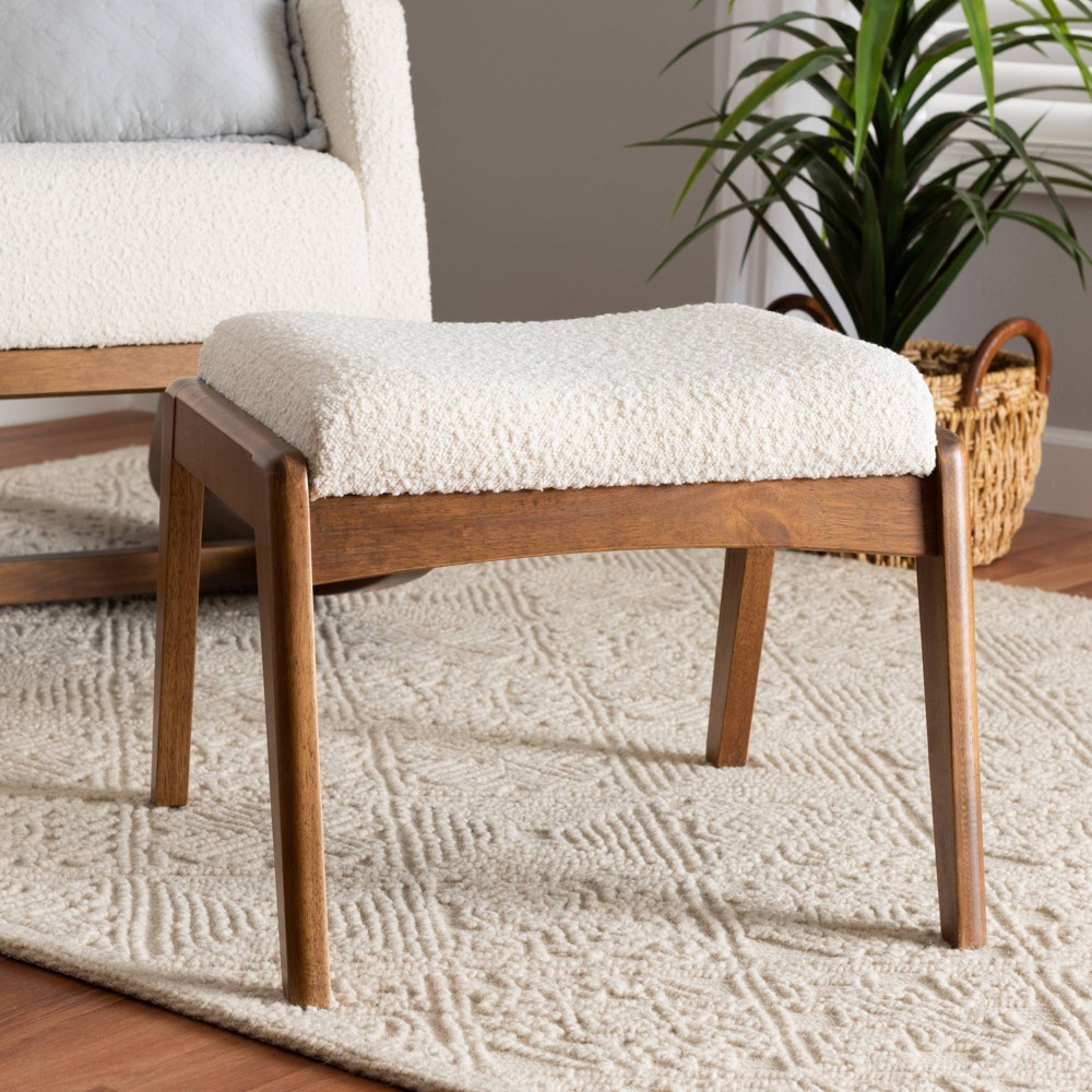 Photos - Pouffe / Bench Roxy Boucle Upholstered and Wood Ottoman Footstool Off White/Walnut Brown - Baxton Studio: Mid-Century Modern, Rubberwood Fr