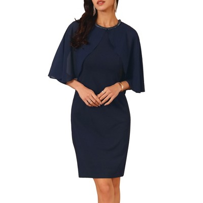 INSPIRE CHIC Women's Wedding Guest Beaded Crewneck Cocktail Chiffon Cape Dress