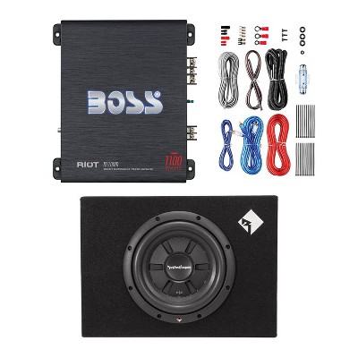 Boss Audio Systems Riot 1100-Watt Monoblock MOSFET Class A/B Amplifier & Rockford Fosgate 10" 400W Shallow Car Audio Subwoofer with Enclosure