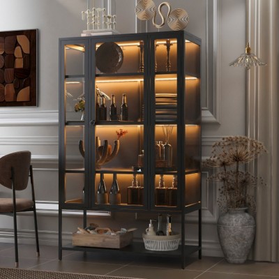 Display Storage Cabinet with Glass Door,LED Lights Cabinet,Modern Black Storage Cabinet for Living Room or Display Corners-Maison Boucle
