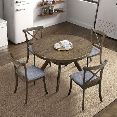 NicBex 5-Piece Wooden Dining Table Set, Mid Century Modern Round Kitchen Table Set with 4 Cross Back Upholstered Dining Chairs for Dining Room