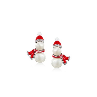 Ross-Simons 6.5-9mm Cultured Pearl Snowman Earrings With Multicolored Enamel and Diamond Accents in Sterling Silver