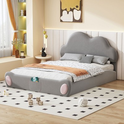 NicBex Queen Size Velvet Upholstered Bed Frame with Cloud-Shaped Headboard,Platform Bed Frame with Rounded Footboard and Pocket,Easy Assembly