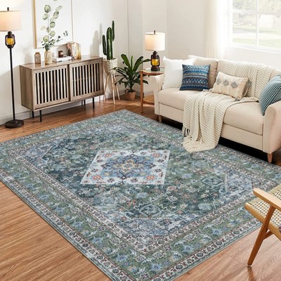 9x12 Green Vintage Oriental Rug, Washable Floral Carpet, Stain Resistant Non-Slip for Living Room, Bedroom