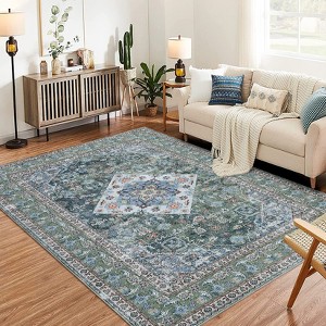 9x12 Green Vintage Oriental Rug, Washable Floral Carpet, Stain Resistant Non-Slip for Living Room, Bedroom - 1 of 4