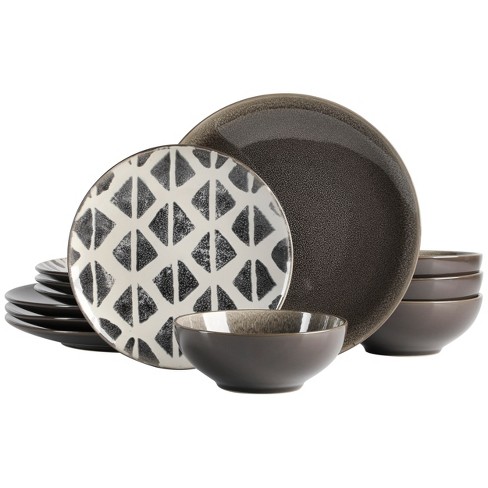 12 Piece Square Stoneware Dinnerware Set in Grey and Black