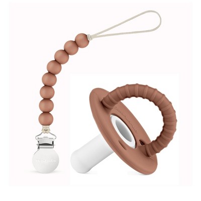 Image of Lulababe Halo Pacfier and Clip Set - Soft Silicone Paci and Clip Holder for Baby's and Toddlers - Camel + Sugar Swizzle, Stage 2 (6-24m) - 1 Set