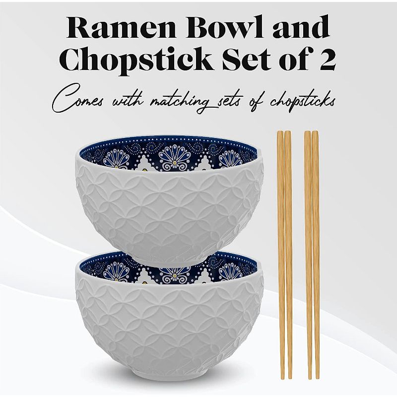 American Atelier Stoneware Ramen Bowl with Chopsticks Set of 2 Soup Bowl, 6" Diameter 21 Oz, Medallion Blue & Yellow Star Design, 2 of 8