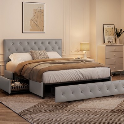 Yaheetech Upholstered Bedframe with Diamond Button Tufted Adjustable Headboard and 3 Storage Drawers