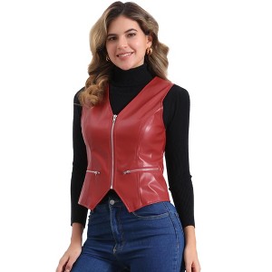 Allegra K Women's Faux Leather Waistcoat V Neck Sleeveless Zipper Motorcycle Biker Vest Jacket - 1 of 4