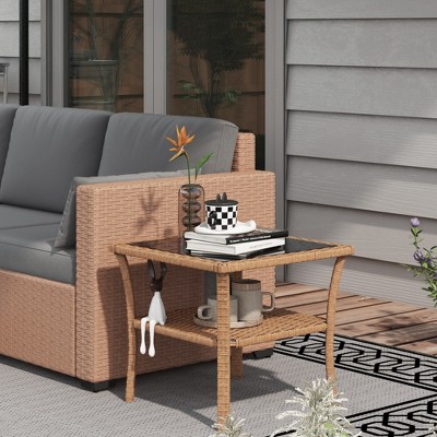 Maggift Patio Side Table, 2-Tier Outdoor Coffee Table, Patio Furniture for Drinks, Dining, Games, Storage, Brown, 19.75"*19.75"*17.75"