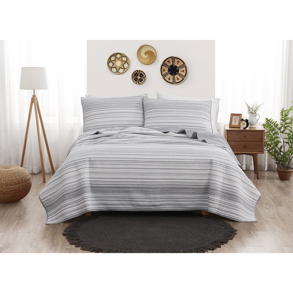 Photos - Bed Linen Brooklyn Loom 3pc Full/Queen Noah Stripe Yarn Dye Quilt Set Gray: Cotton Microfiber, Woven Texture, Machine Washable