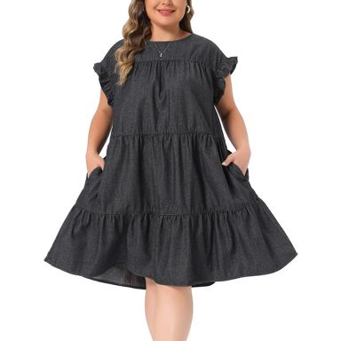 plus size black denim dress Women's Crew Neck Ruffle Sleeve Babydoll Flowy Swing Pleated Summer Casual Midi Jean Dresses with Pockets- Agnes Orinda 2X SIZE:IT 38 Edit:BIRTHDAY Black and White Spot Evening gown it solves the common