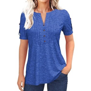 Imily Bela Women's Summer Pleated Button Short-Sleeve T-Shirt, Solid Color V-Neck Casual Top - 1 of 4