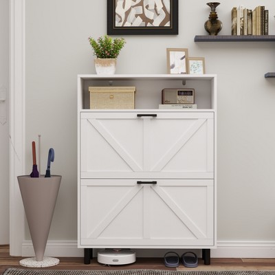 Vynxaria Farmhouse Shoe Storage Cabinet: Barn Door Design, 2 Flip Drawers, Freestanding Narrow Rack with Open Storage for Entryway, Foyer (White).