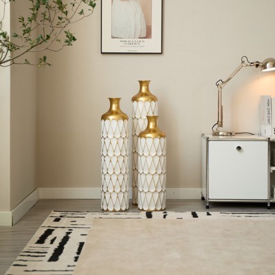 Aukfa Set of 3 Droplet Shaped White Metal Floor Vases – Modern Glazed Decorative Vases for Home Decor