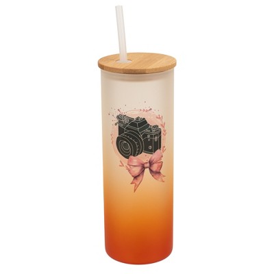 Elanze Designs 25 Ounce Frosted Glass Gradient Travel Tumbler With Straw and Wooden Lid, Camera Bow Orange