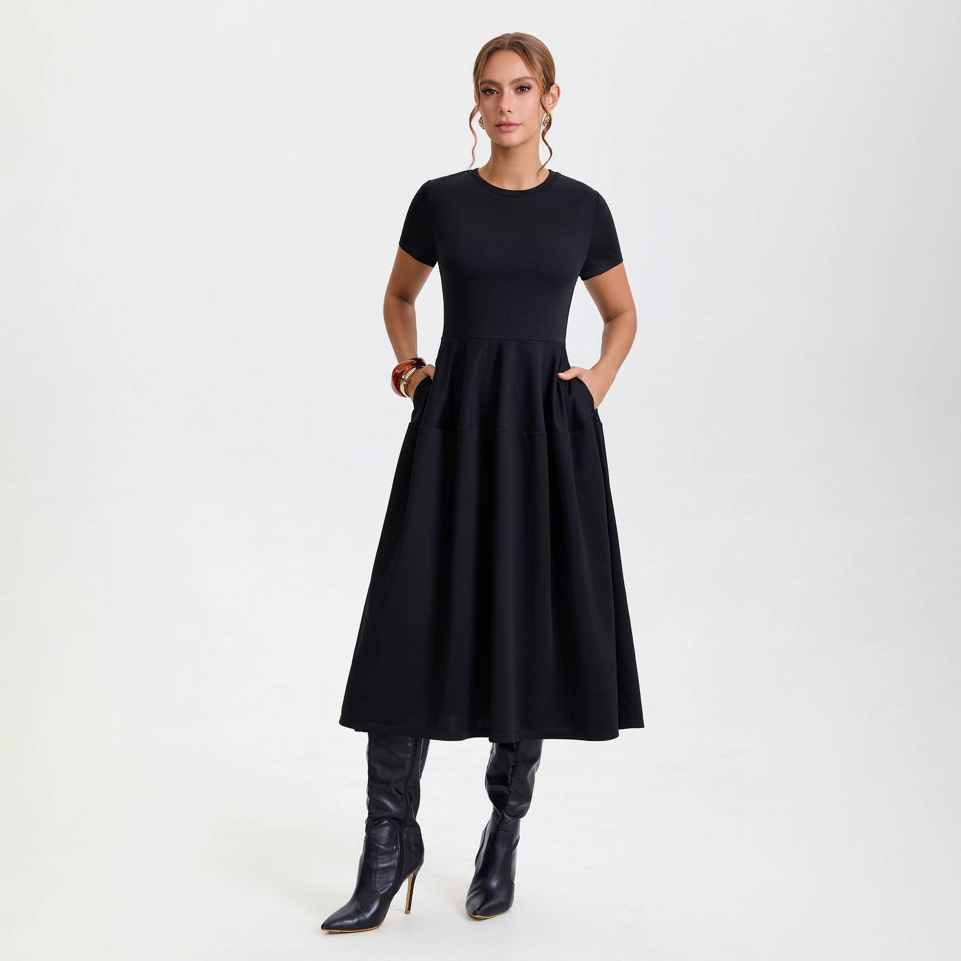 Women's Short Sleeve Midi A-Line Dress - A New Day™ Black