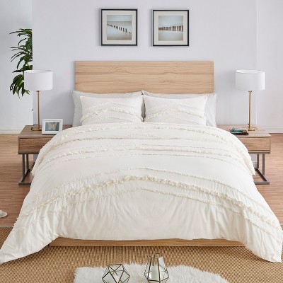 Ivory Cotton Boho Fringe Queen Duvet Cover Set