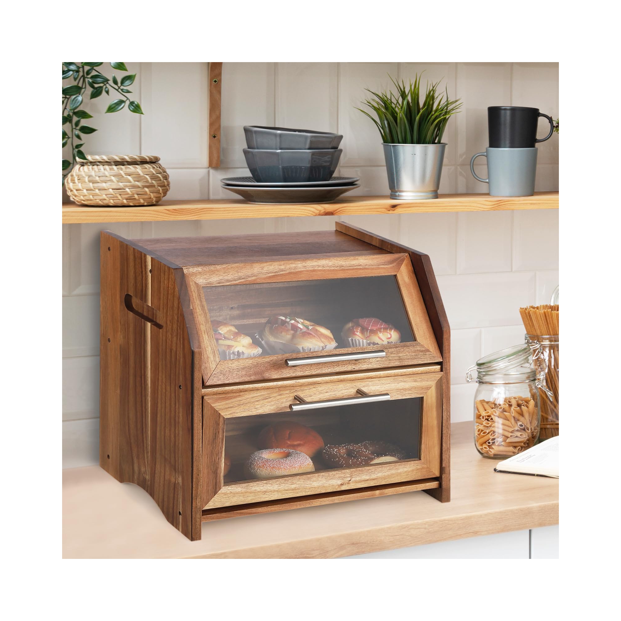 Bread Box, Double Layer Acacia Wooden Bread Bin with Clear Acrylic Door Panel, Air Vents, Countertop Bread Container, Rustic Brown Bread Holder