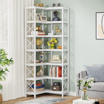 White 7-Tier Adjustable Corner Bookshelf with Metal Frame