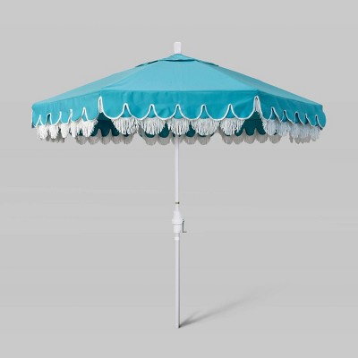 9' Scallop Base and Fiberglass Ribs Fringe Market Patio Umbrella with Crank Lift - White Pole - California Umbrella