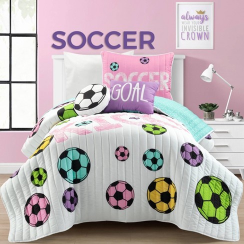 4pc Twin Kids Girls Soccer Kick Reversible Oversized Quilt Set