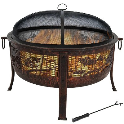 Sunnydaze Outdoor Camping or Backyard Steel Northwoods Fishing Fire Pit with Spark Screen - 30" - Bronze
