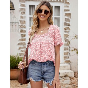 Women's Summer Tops Casual Short Sleeve Tunic Tops Square Neck Smock Tops Cute Blouse for Women - 1 of 4