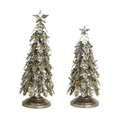 Melrose Set of 2 Distressed Finish Holly Leaf Artificial Christmas Tabletop Trees 3'