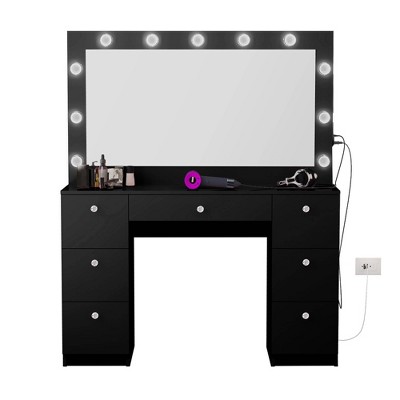 Boahaus Juliana Lighted Makeup Vanity with 7 Drawers USB Ports and Power Outlet