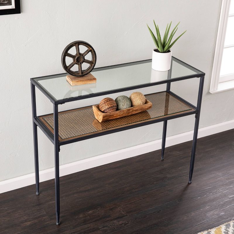 Dorhice Glass Top Console Table Black/Natural - Aiden Lane, 5 of 11