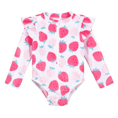 Image of Gerber Baby & Toddler Girls' One-Piece Long Sleeve Rash Guard Swimsuit UPF 50+  - Strawberry Blossom - 3-6M