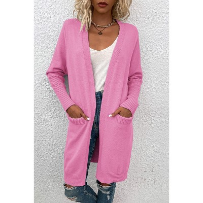 Long Sleeve Cardigan Sweater with Pocket Open Front Cardigans Ribbed Knitwear