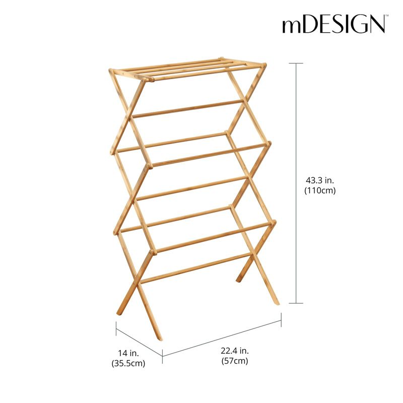 mDesign Bamboo Clothes Drying Rack, Foldable Wooden Laundry Drying Rack, 3 of 9