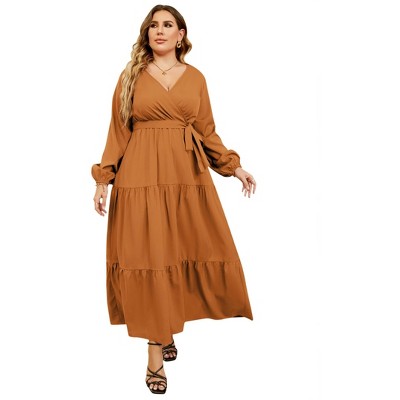 Plus Size Women's V Neck Long Sleeve Maxi Dress Floor Length Elegant Casual