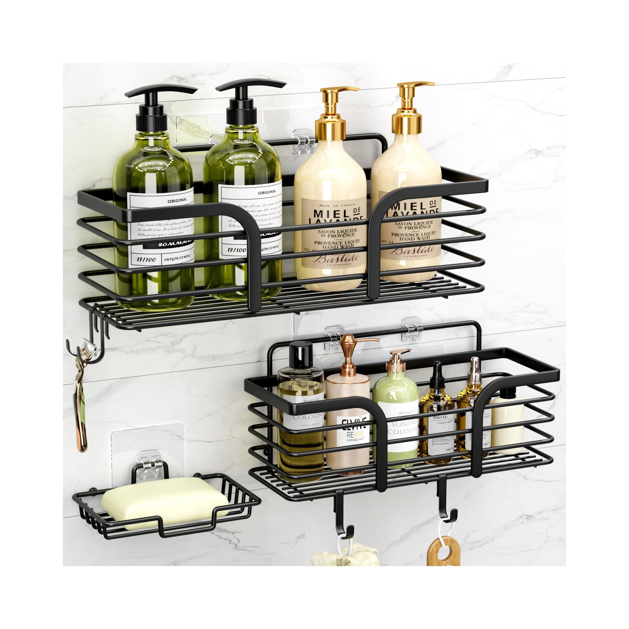 Aoibox Adhesive Shower Organizer with Soap Dish and Hooks, Rustproof Stainless Steel Wall Mounted Storage Shelf for Bathroom & Kitchen